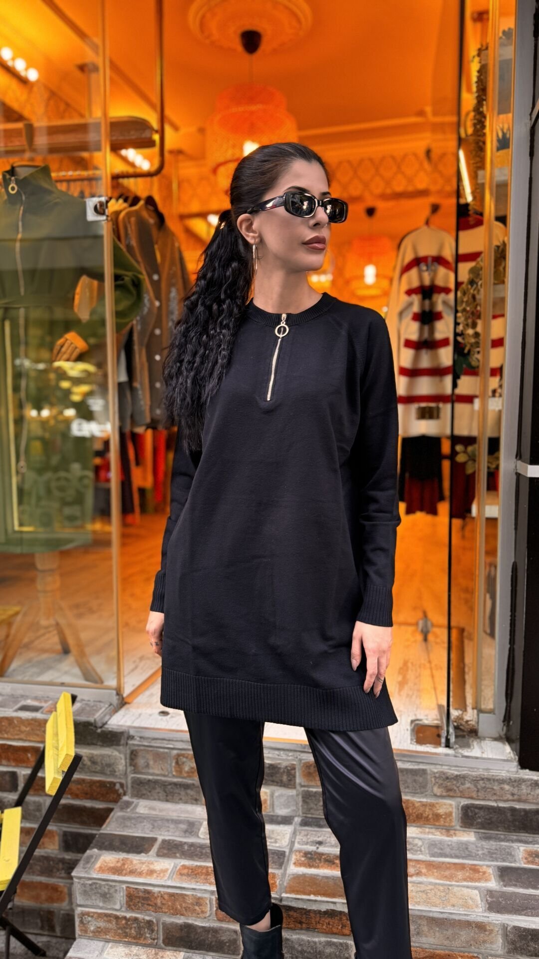 4587 Fermuarlı Triko Kazak - Siyah