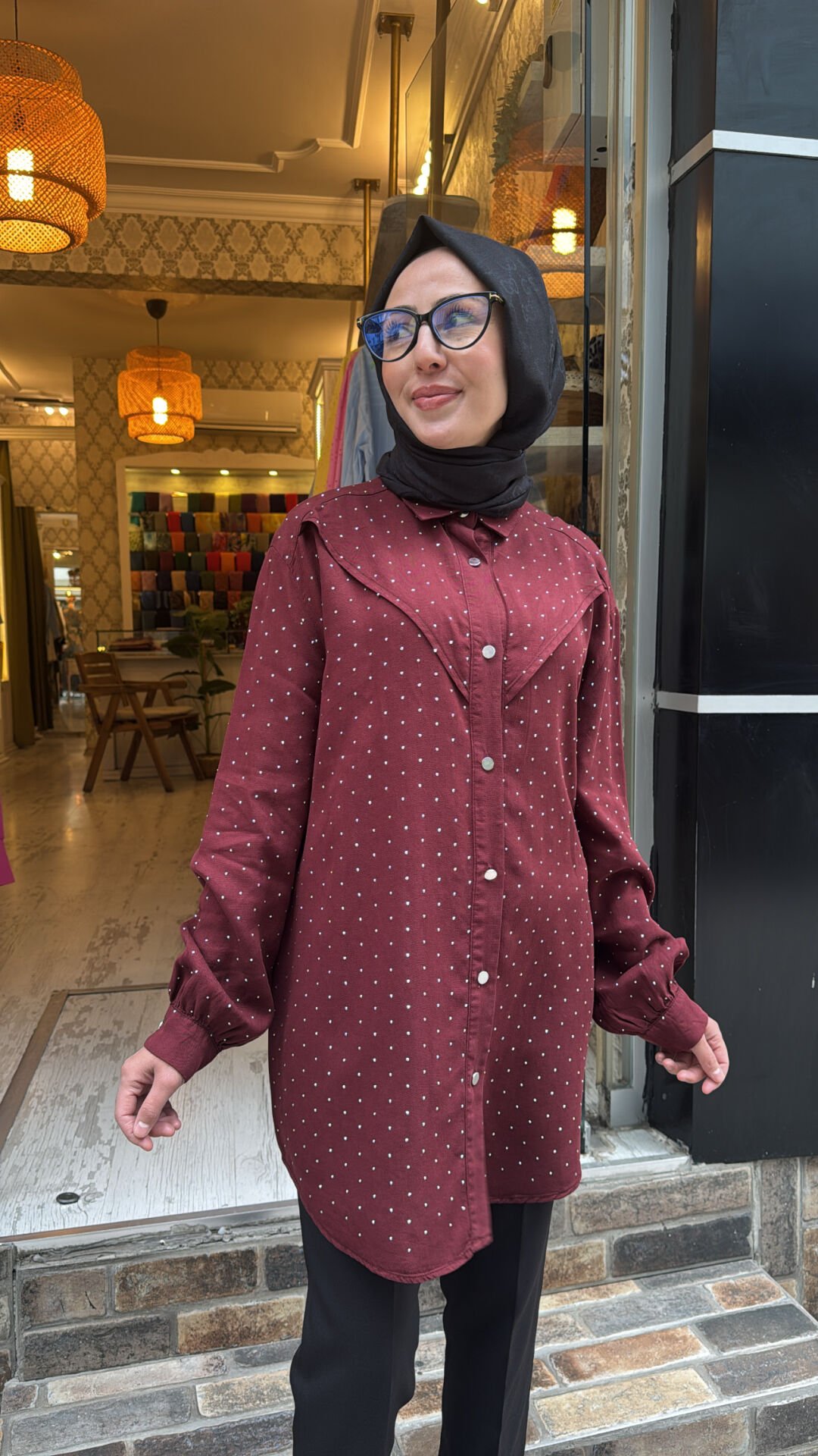 7421 Taşlı Tensel Gömlek - Bordo