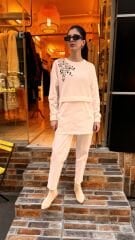 4696 Taşlı Angora Saten Tunik - Ekru