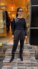 4696 Taşlı Angora Saten Tunik - Siyah