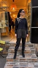 4696 Taşlı Angora Saten Tunik - Siyah