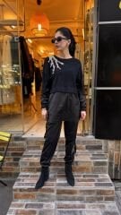4696 Taşlı Angora Saten Tunik - Siyah