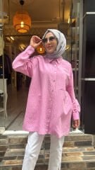 4133 Çizgili Tensel Cepli Gömlek - Pembe