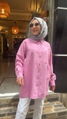 4133 Çizgili Tensel Cepli Gömlek - Pembe