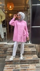 4133 Çizgili Tensel Cepli Gömlek - Pembe