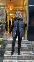 K262517 Yakası Kürklü Yelek - Siyah