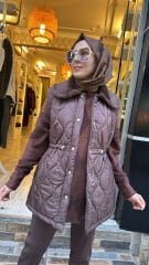 K262517 Yakası Kürklü Yelek - Kahve