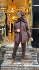 K262517 Yakası Kürklü Yelek - Kahve