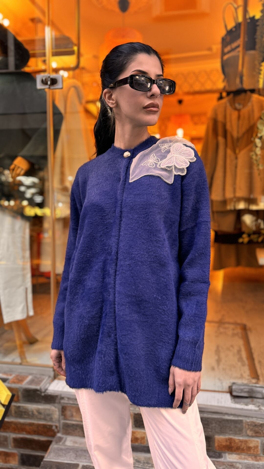 4576 Tüllü Angora Hırka - Lacivert