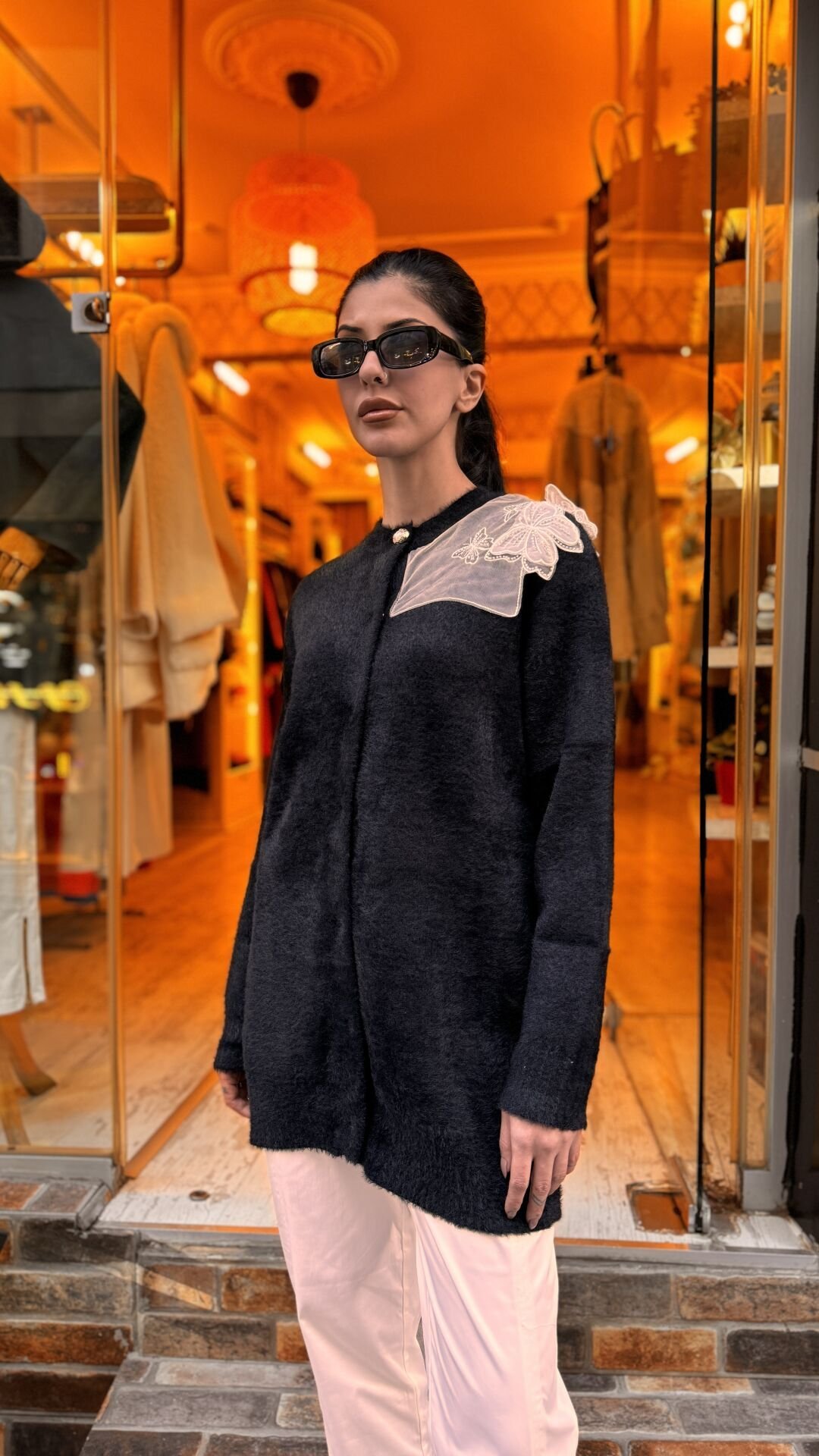 4576 Tüllü Angora Hırka - Siyah
