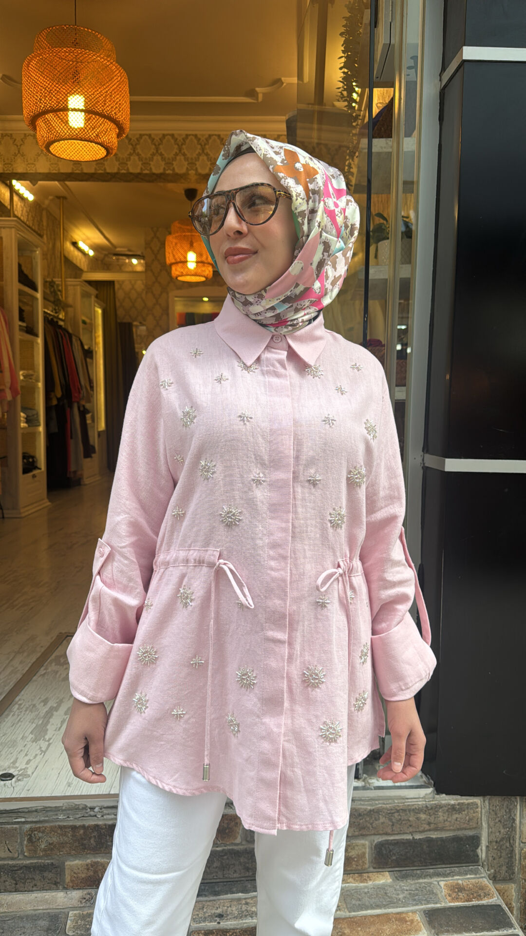 5265 Keten Boncuklu Gömlek - Pembe