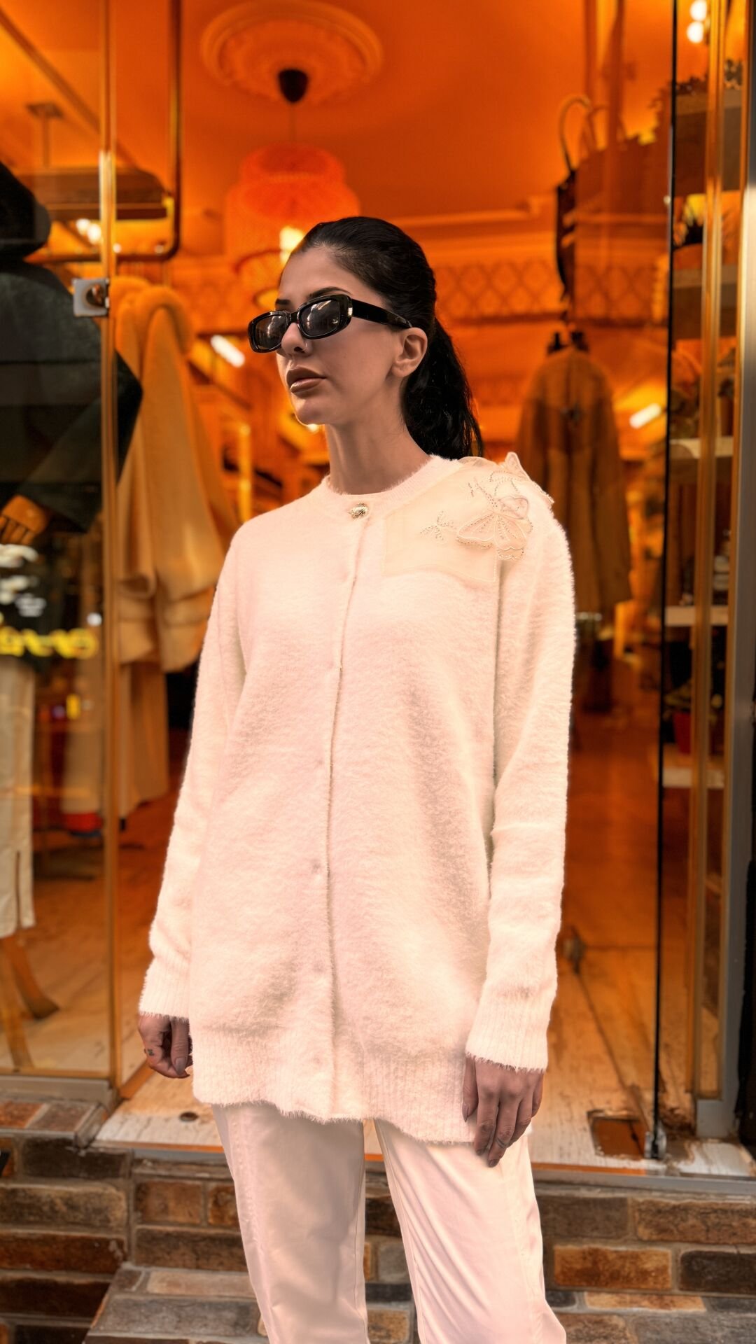 4576 Tüllü Angora Hırka - Ekru