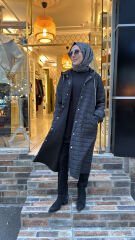 4619 Uzun Kapitone Ceket - Siyah