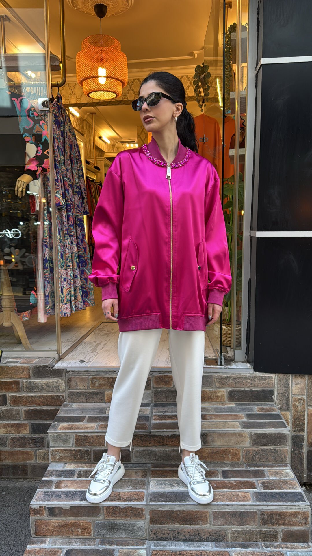 4720 Tasarım Taşlı Ceket - Fuşya