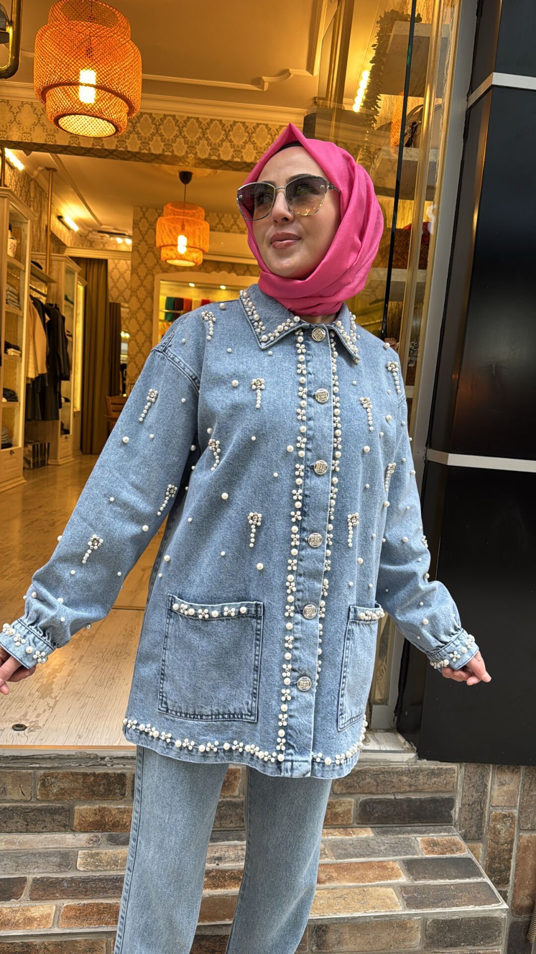 7444 Taşlı İncili Kot Ceket - Açık Mavi