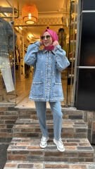 7444 Taşlı İncili Kot Ceket - Açık Mavi