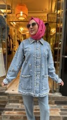 7444 Taşlı İncili Kot Ceket - Açık Mavi