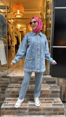 7444 Taşlı İncili Kot Ceket - Açık Mavi