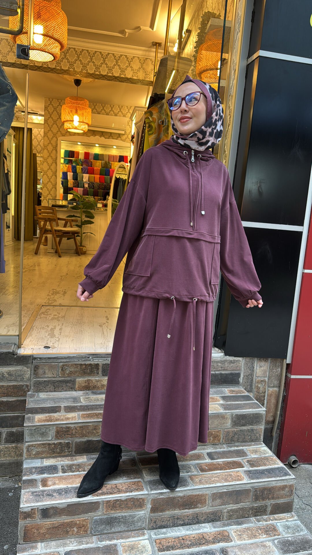 7473 Kapüşonlu Etek Takım - Mürdüm