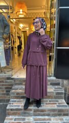 7473 Kapüşonlu Etek Takım - Mürdüm