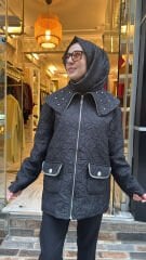 01 Kapitone Taşlı Mont - Siyah