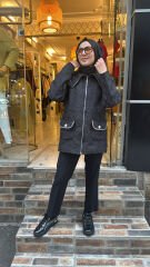 01 Kapitone Taşlı Mont - Siyah