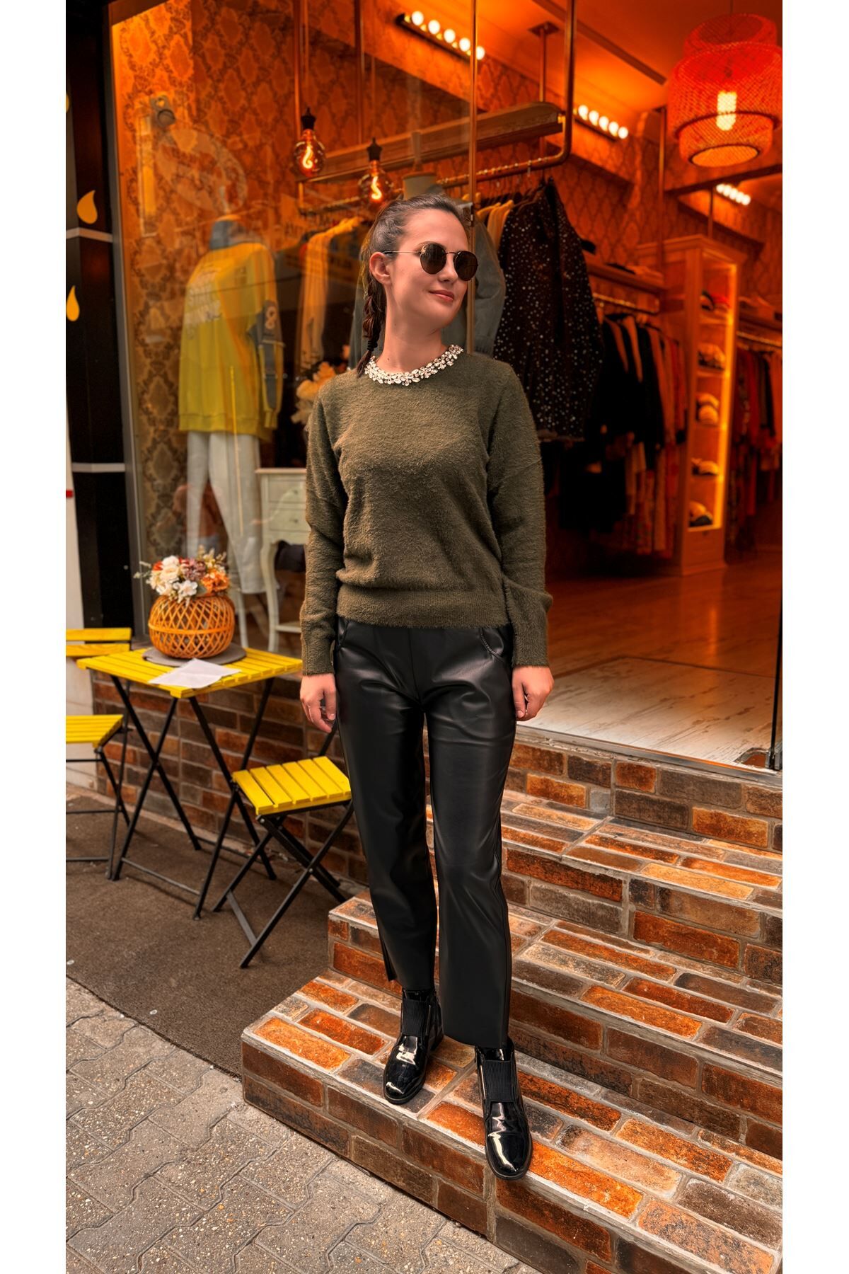 4574 Yakası Taşlı Angora Kazak - Haki