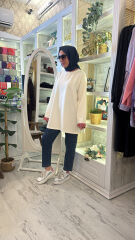 3521 Çizgili Garnili Sweat - Ekru