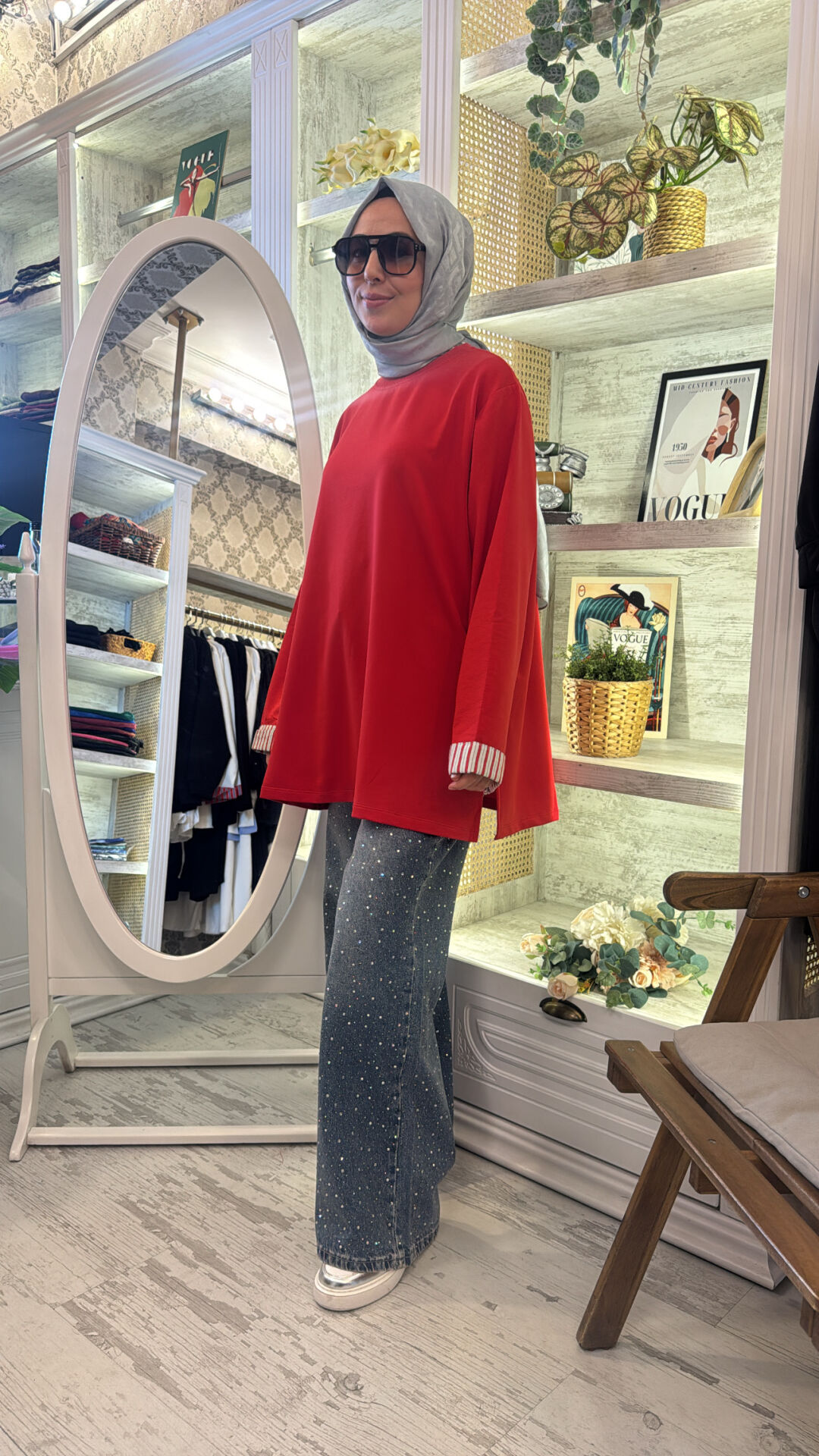 3521 Çizgili Garnili Sweat - Kırmızı