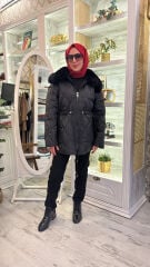 37831 Yakası Peluş Kapitone Mont - Siyah