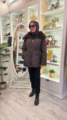 37831 Yakası Peluş Kapitone Mont - Kahverengi
