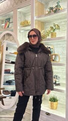 37831 Yakası Peluş Kapitone Mont - Kahverengi
