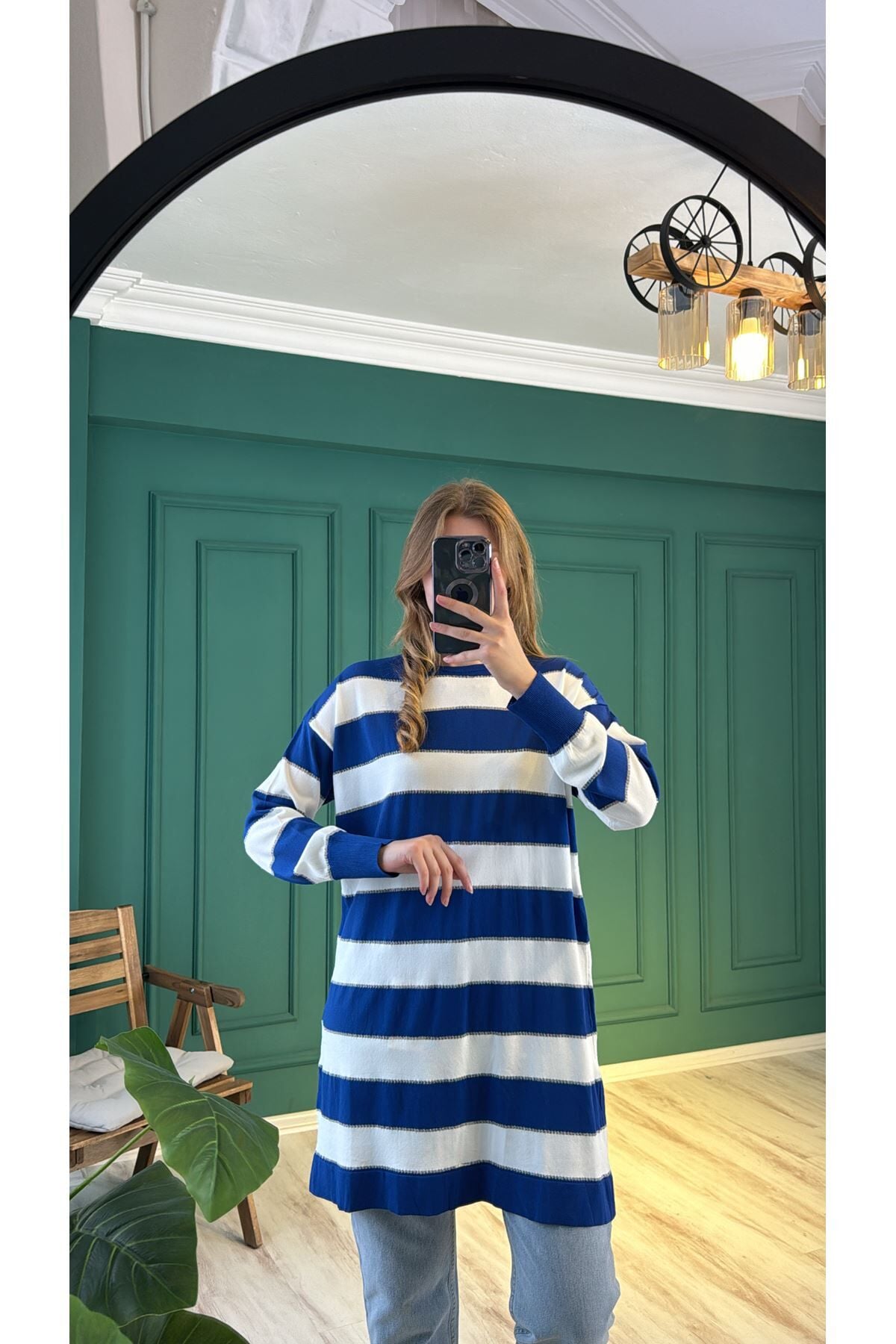 10549 Çizgili Merserize Tunik - Saks-Ekru