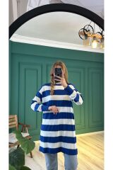 10549 Çizgili Merserize Tunik - Saks-Ekru