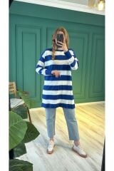 10549 Çizgili Merserize Tunik - Saks-Ekru