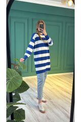 10549 Çizgili Merserize Tunik - Saks-Ekru