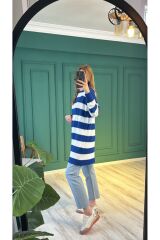 10549 Çizgili Merserize Tunik - Saks-Ekru