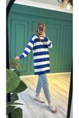 10549 Çizgili Merserize Tunik - Saks-Ekru