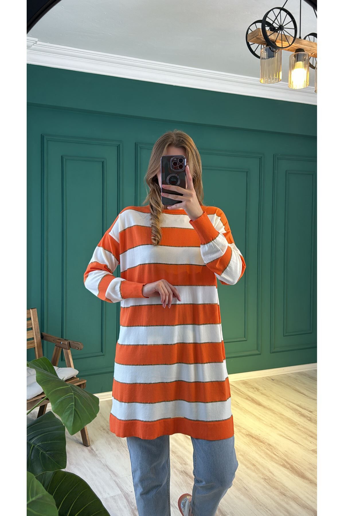 10549 Çizgili Merserize Tunik - Oranj-Ekru