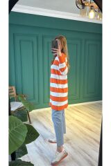 10549 Çizgili Merserize Tunik - Oranj-Ekru