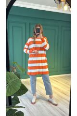 10549 Çizgili Merserize Tunik - Oranj-Ekru