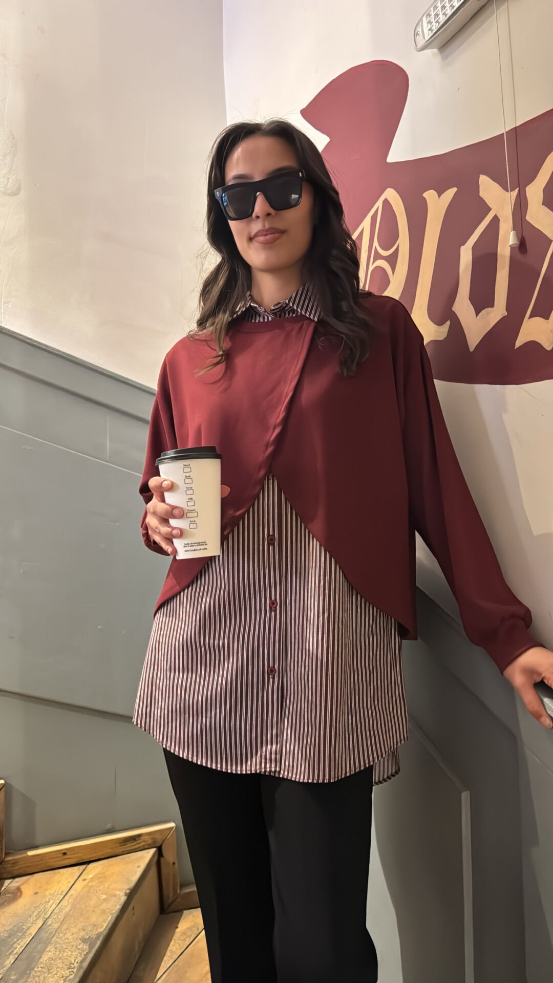 10725 Çizgili Gömlekli Sweat - Bordo