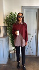 10725 Çizgili Gömlekli Sweat - Bordo