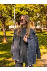 1113 Taşlı Denim Ceket - Füme