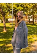 1113 Taşlı Denim Ceket - Füme