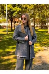 1113 Taşlı Denim Ceket - Füme