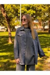 1113 Taşlı Denim Ceket - Füme