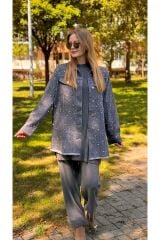 1113 Taşlı Denim Ceket - Füme
