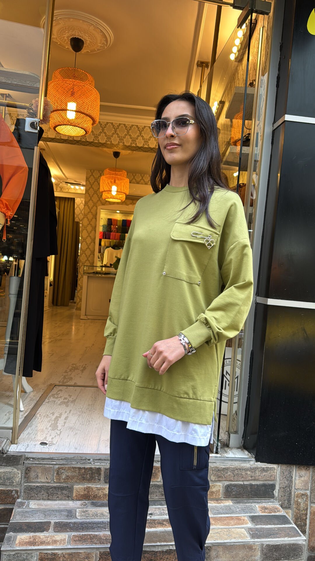 10720 Altı Gömlekli Cepli Sweat - Yağ Yeşili