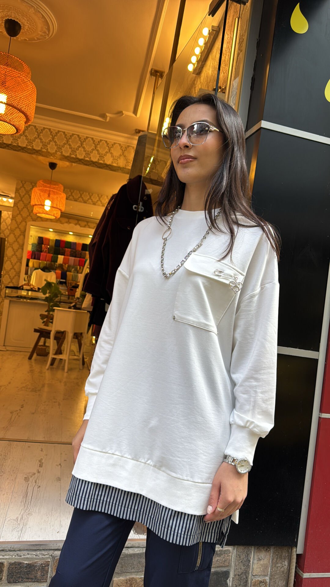 10720 Altı Gömlekli Cepli Sweat - Ekru